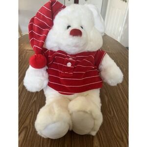 Vintage Commonwealth 1990 White Plush Bear Red Pajamas Nightcap Stuffed Animal